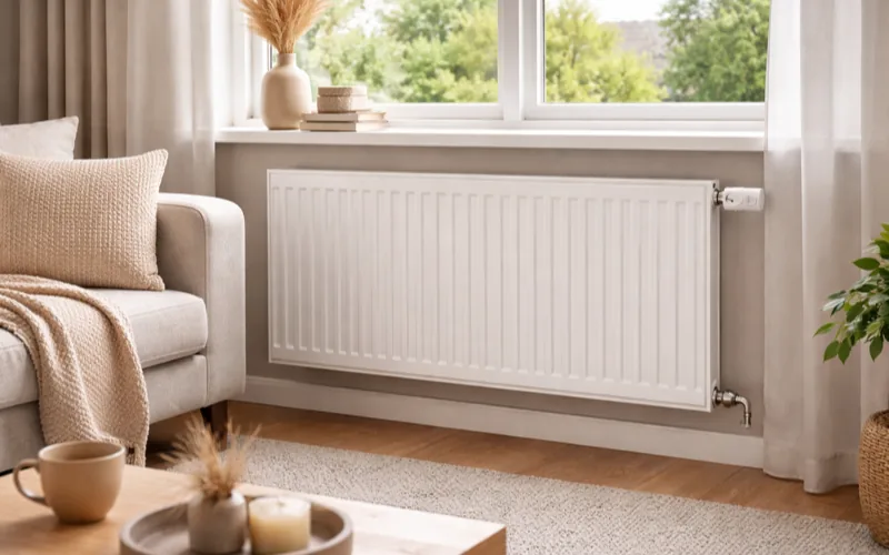 Thermostat intelligent connecté installé dans un salon en Brabant Wallon