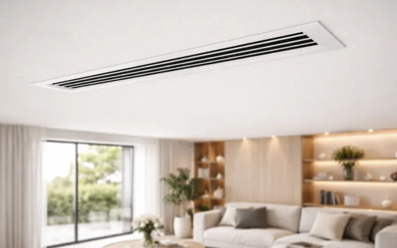 Grille de diffusion climatisation gainable encastrée dans un plafond
