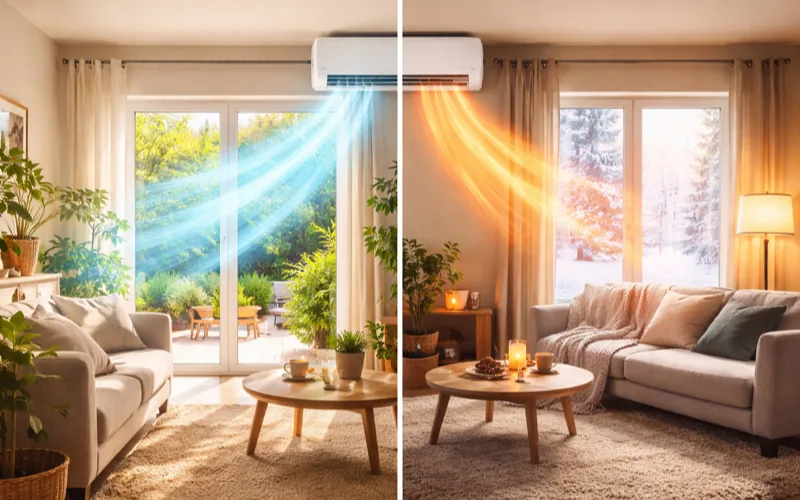 Climatisation réversible fonctionnant en mode chauffage en hiver