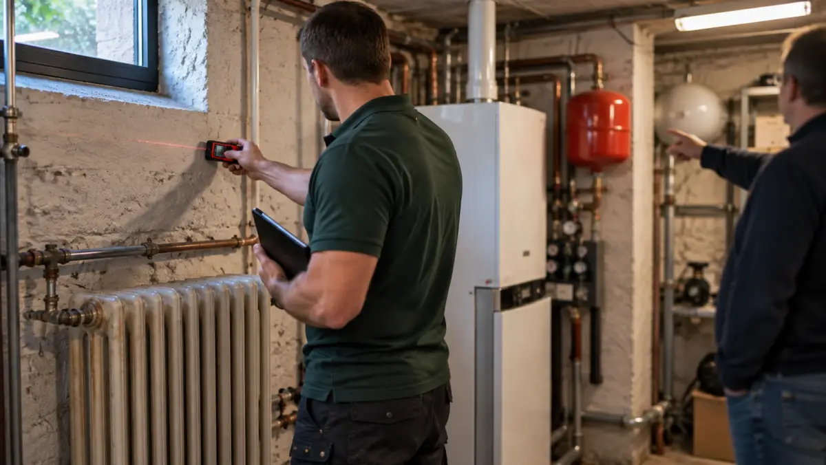 Technicien Pompe à chaleur BW en visite d'état des lieux dans une chaufferie
