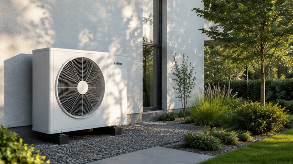 Unité extérieure de pompe à chaleur air-eau le long d'une villa à Rhode-Saint-Genèse