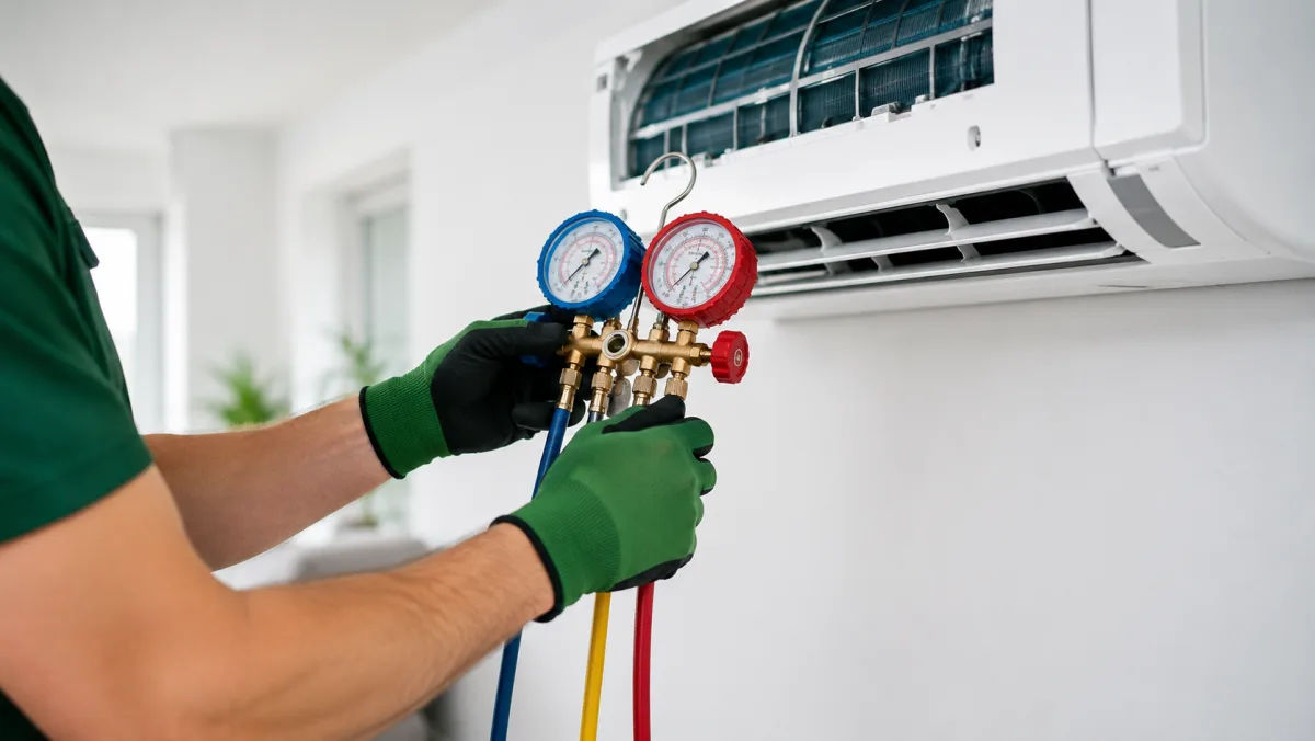 Technicien Pompe à chaleur BW contrôlant une climatisation au manomètre en Brabant Wallon