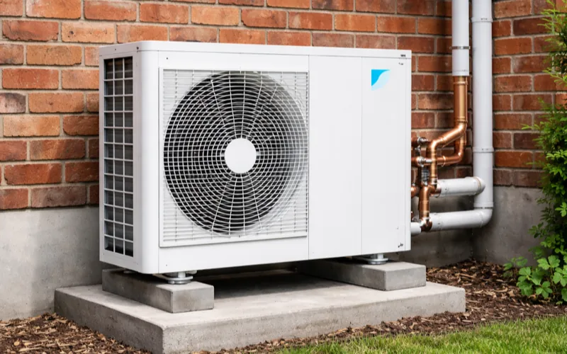 Installation pompe à chaleur air-eau à Wavre — unité extérieure sur façade