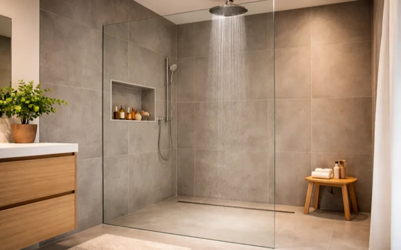 Douche italienne de plain-pied avec carrelage moderne