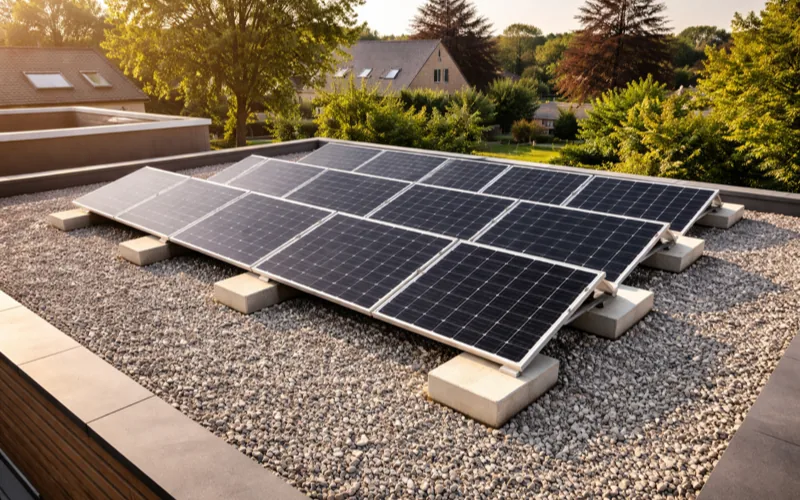 Panneaux solaires installés sur toiture plate avec structures lestées